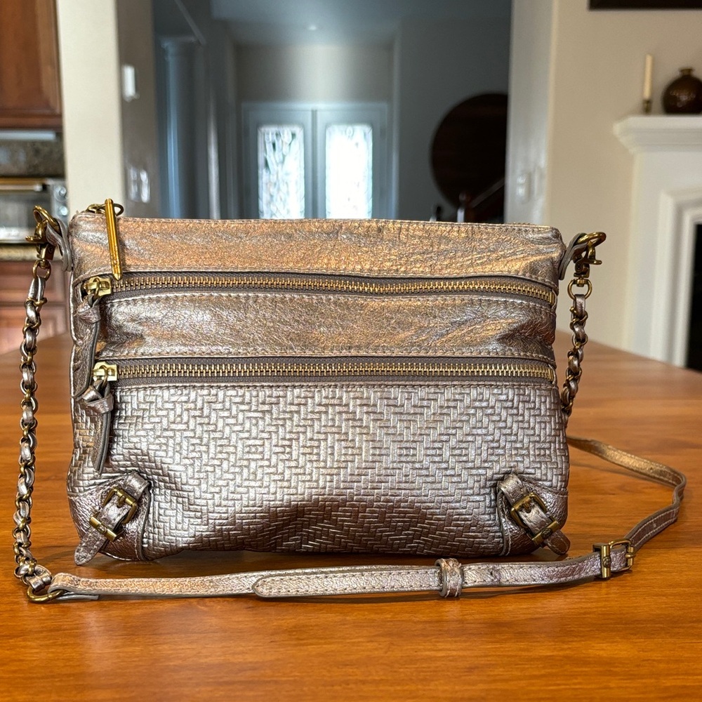 ELLIOTT LUCCA Champagne Gold Leather Crossbody Chain & Leather Strap EUC Luxury🤎